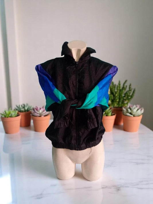 Giacca a vento nera e multicolor vintage – Taglia XS